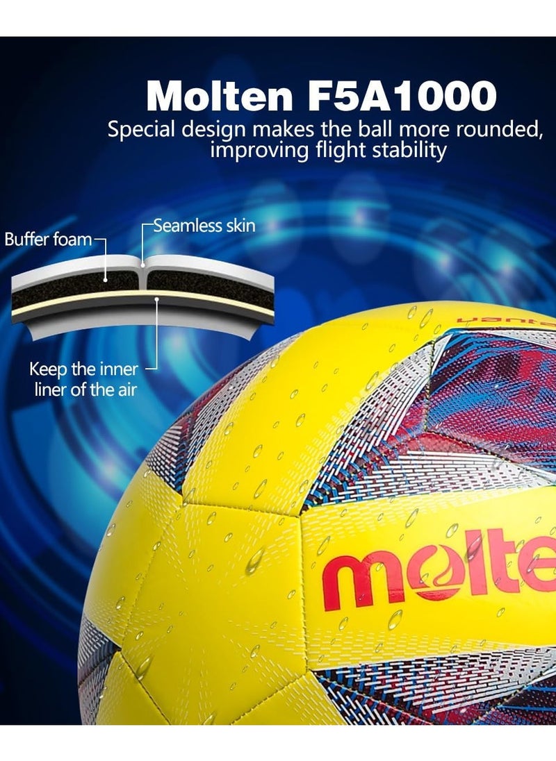 Molten Soccer Ball, Durable and Comfortable TPU Soft Leather Training Ball with Butyl Liner, Wear-Resistant for Boys, Girls and Adults, Yellow in Size 5