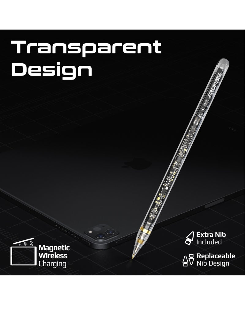 Transparent Stylus Pen For iPads With Palm Rejection Tilt Sensitivity Real-Time Battery Display Black