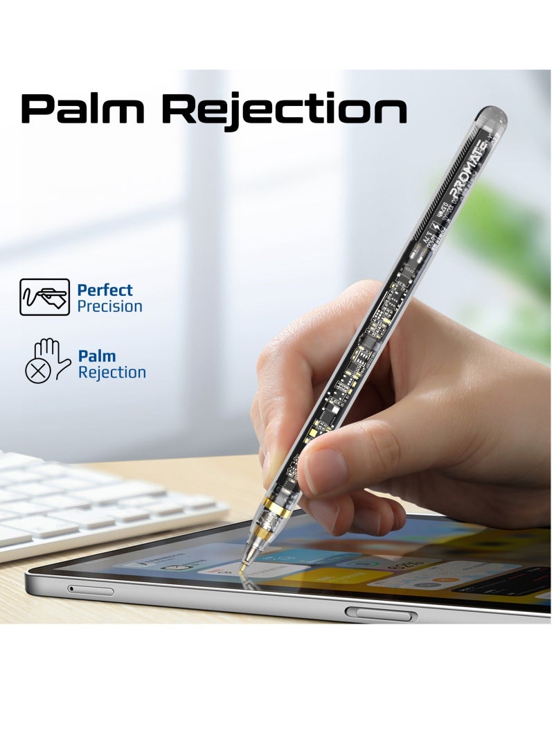 Transparent Stylus Pen For iPads With Palm Rejection Tilt Sensitivity Real-Time Battery Display Black