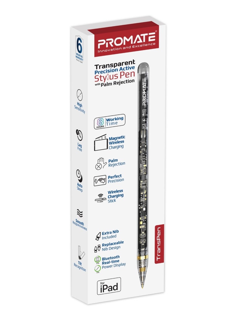 Transparent Stylus Pen For iPads With Palm Rejection Tilt Sensitivity Real-Time Battery Display Black