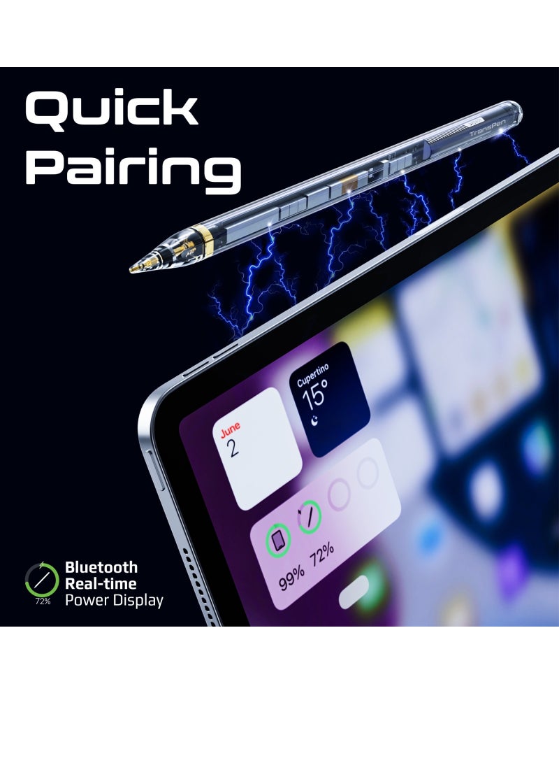 Transparent Stylus Pen For iPads With Palm Rejection Tilt Sensitivity Real-Time Battery Display Black