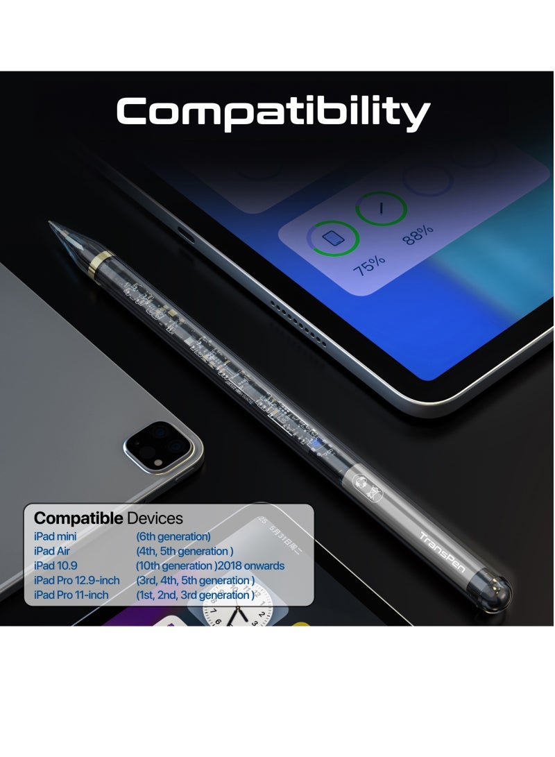 Transparent Stylus Pen For iPads With Palm Rejection Tilt Sensitivity Real-Time Battery Display Black