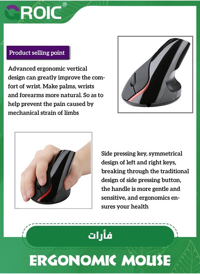 Black Wireless Vertical Mouse, Small Rechargeable Silent Ergonomic Mouse with BT 5.2 and USB Receiver, 6 Buttons and 4000 DPI, for Carpal Tunnel