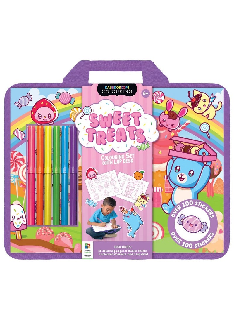 Hinkler Sweet Treats Colouring Set with Lap Desk - DIY Colouring Kit for Kids includes 32 colouring pages, 2 sticker sheet, 6 coloured markers and a lap desk, Fun Sweet Treats Designs, Portable Lap Desk for Creative Play, Gift for Young Artists