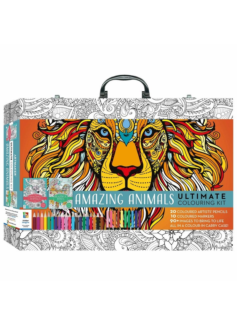 Hinkler Art Maker Ultimate Colouring Carry Case include 20-Coloured Artists Pencil, 10 Coloured Markers, Over 90 IMages, Amazing Animals Edition, a Complete Colouring Set for Kids
