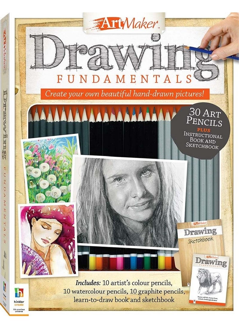 Hinkler Art Maker Drawing Fundamentals Kit includes 30 Art Pencils, Instructional Book And Sketch Book, Complete Drawing Set for Beginners, Ideal for Aspiring Artists, Perfect for Creative Projects