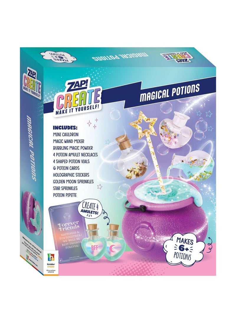 Hinkler Zap Create Magical Potions Kit - DIY Potion Making Set includes mini cauldron, magic wand water, bubbling magic powder, 4 potion amulet necklace, 4 shaped potion vials, 6 potion card, holographic stickers, golden moon sprinkles, star sprinkles and potion pipette Fun Science & Craft Kit for Kids