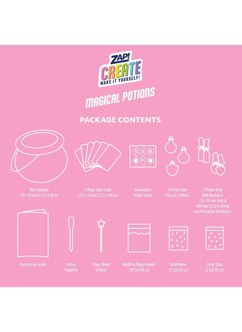Hinkler Zap Create Magical Potions Kit - DIY Potion Making Set includes mini cauldron, magic wand water, bubbling magic powder, 4 potion amulet necklace, 4 shaped potion vials, 6 potion card, holographic stickers, golden moon sprinkles, star sprinkles and potion pipette Fun Science & Craft Kit for Kids