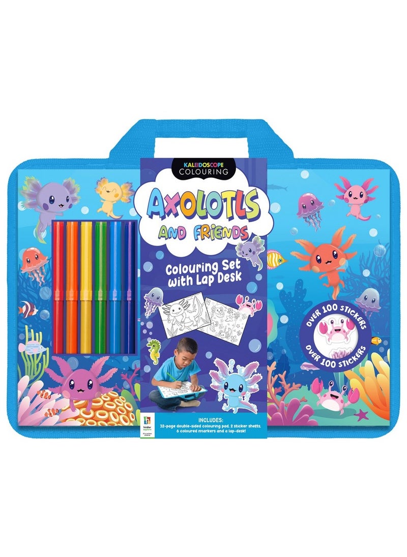 Hinkler Axolotls and Friends Colouring Set with Lap Desk – Fun Colouring Kit, Includes High-Quality Markers, Double Sided Colouring Pad, and a Portable Lap Desk for On-the-Go Creativity, Ideal for Kids and Animal Lovers