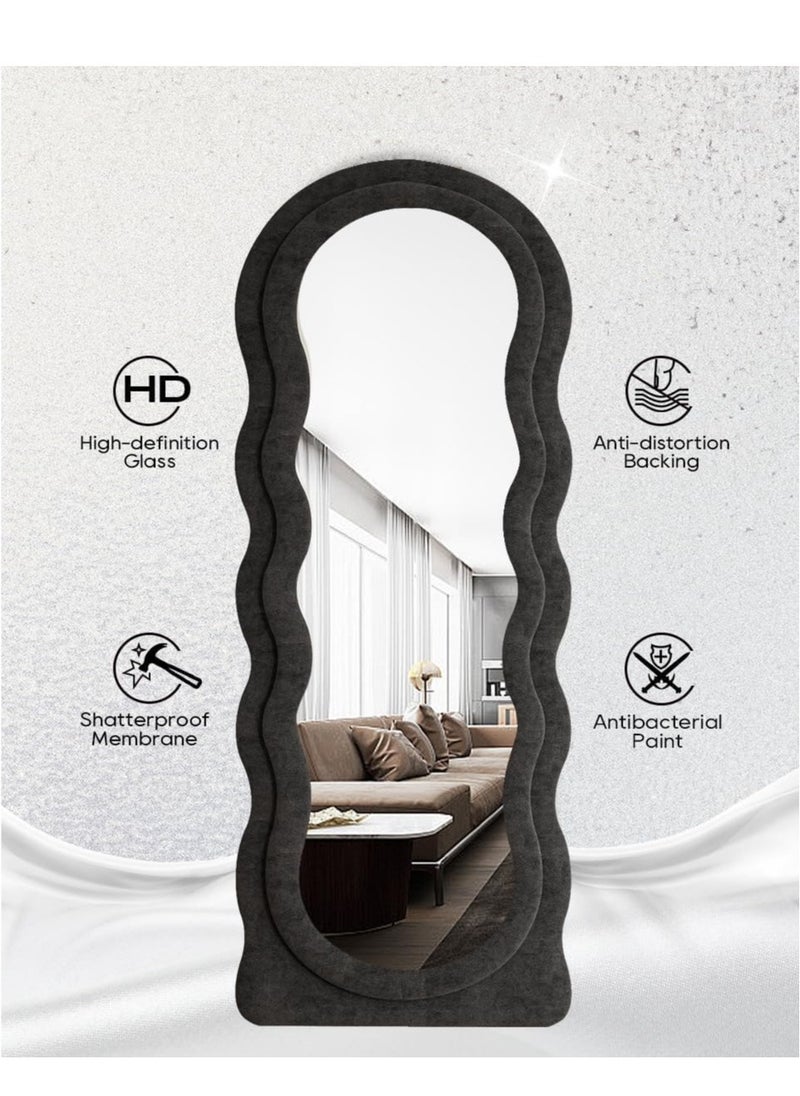 Full-Length Floor Mirror with Stand, Wall-Mounted Standing Mirror, Irregular Wavy Design, Flannel-Wrapped Wooden Frame, 160x60cm, HD Image, Firm Bottom with Non-Slip Base, Stylish and Durable Full Body Mirror for Bedroom, Living Room, Hallway, Dressing Room, Contemporary Floor Mirror, Modern Home Decor (Black)