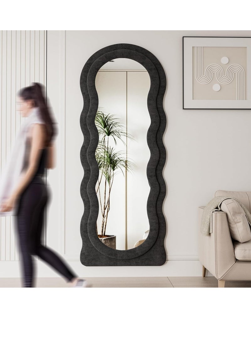 Full-Length Floor Mirror with Stand, Wall-Mounted Standing Mirror, Irregular Wavy Design, Flannel-Wrapped Wooden Frame, 160x60cm, HD Image, Firm Bottom with Non-Slip Base, Stylish and Durable Full Body Mirror for Bedroom, Living Room, Hallway, Dressing Room, Contemporary Floor Mirror, Modern Home Decor (Black)