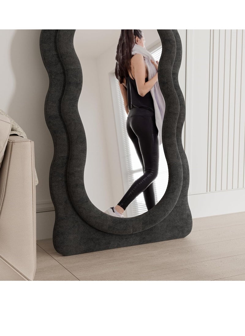Full-Length Floor Mirror with Stand, Wall-Mounted Standing Mirror, Irregular Wavy Design, Flannel-Wrapped Wooden Frame, 160x60cm, HD Image, Firm Bottom with Non-Slip Base, Stylish and Durable Full Body Mirror for Bedroom, Living Room, Hallway, Dressing Room, Contemporary Floor Mirror, Modern Home Decor (Black)