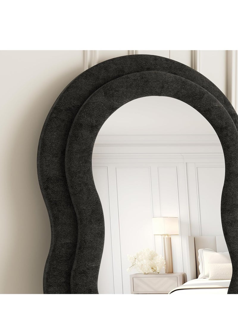Full-Length Floor Mirror with Stand, Wall-Mounted Standing Mirror, Irregular Wavy Design, Flannel-Wrapped Wooden Frame, 160x60cm, HD Image, Firm Bottom with Non-Slip Base, Stylish and Durable Full Body Mirror for Bedroom, Living Room, Hallway, Dressing Room, Contemporary Floor Mirror, Modern Home Decor (Black)