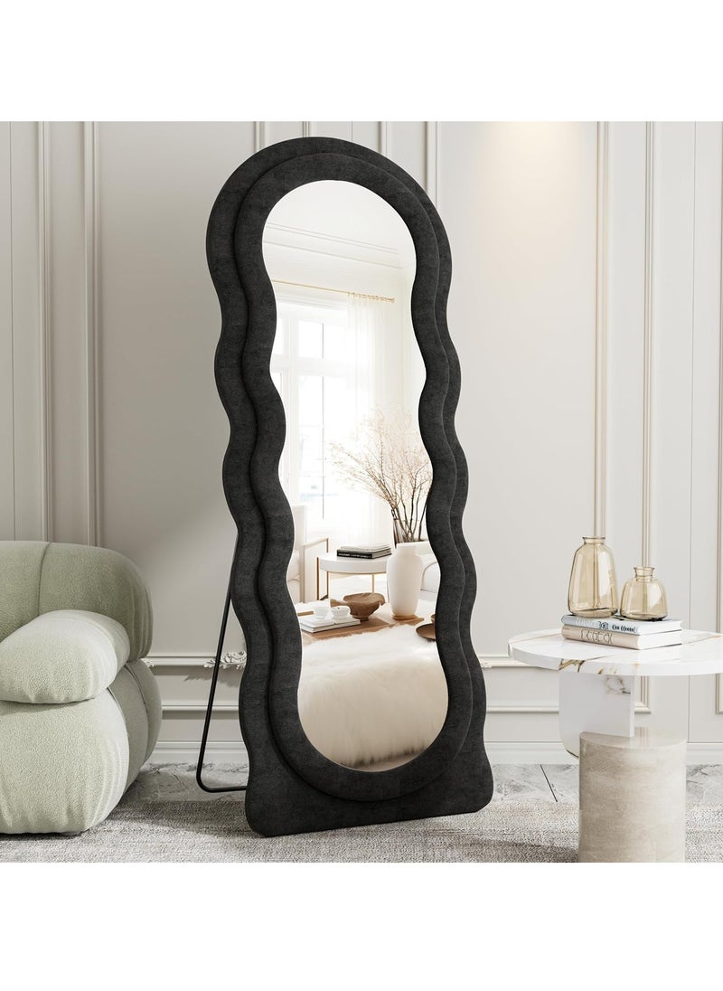 Full-Length Floor Mirror with Stand, Wall-Mounted Standing Mirror, Irregular Wavy Design, Flannel-Wrapped Wooden Frame, 160x60cm, HD Image, Firm Bottom with Non-Slip Base, Stylish and Durable Full Body Mirror for Bedroom, Living Room, Hallway, Dressing Room, Contemporary Floor Mirror, Modern Home Decor (Black)