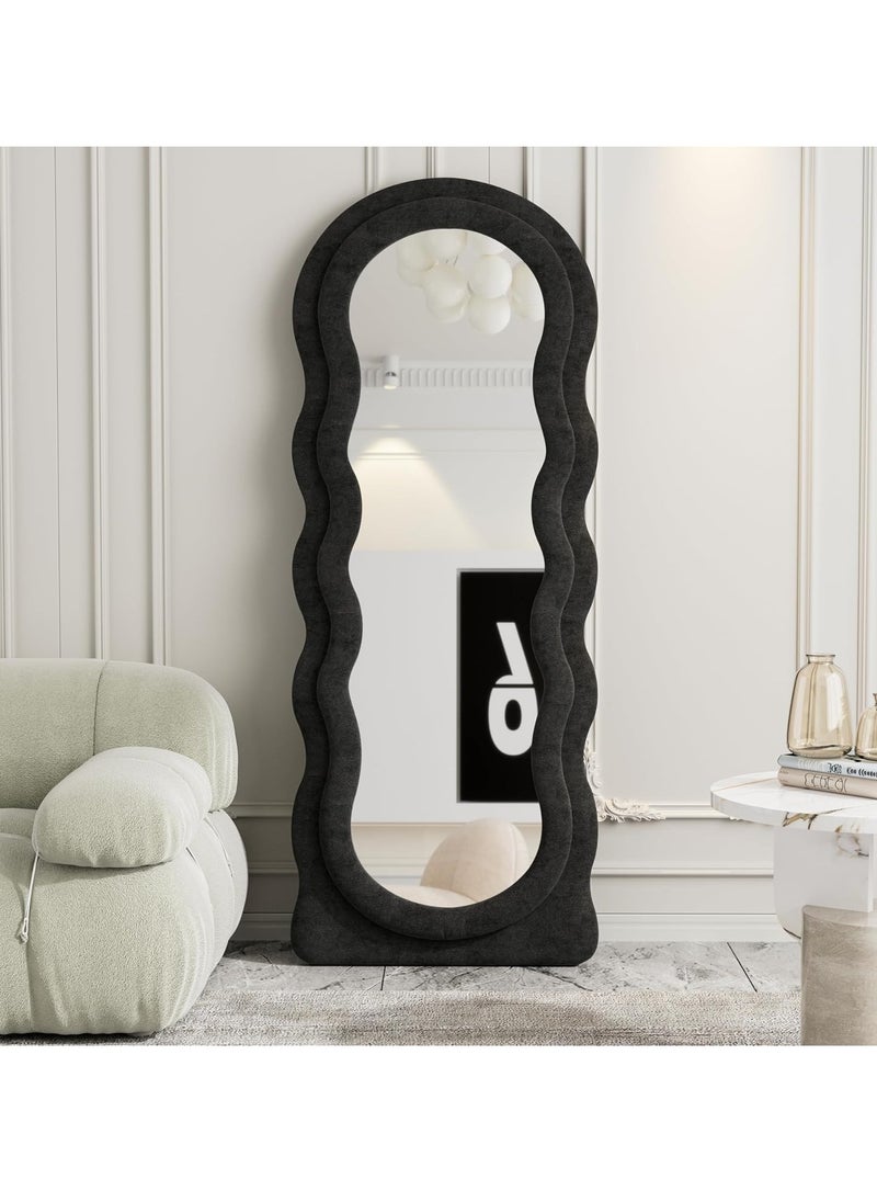 Full-Length Floor Mirror with Stand, Wall-Mounted Standing Mirror, Irregular Wavy Design, Flannel-Wrapped Wooden Frame, 160x60cm, HD Image, Firm Bottom with Non-Slip Base, Stylish and Durable Full Body Mirror for Bedroom, Living Room, Hallway, Dressing Room, Contemporary Floor Mirror, Modern Home Decor (Black)
