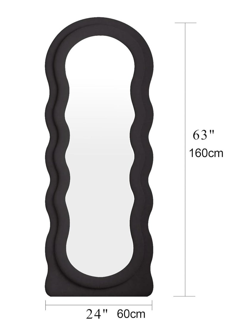 Full-Length Floor Mirror with Stand, Wall-Mounted Standing Mirror, Irregular Wavy Design, Flannel-Wrapped Wooden Frame, 160x60cm, HD Image, Firm Bottom with Non-Slip Base, Stylish and Durable Full Body Mirror for Bedroom, Living Room, Hallway, Dressing Room, Contemporary Floor Mirror, Modern Home Decor (Black)