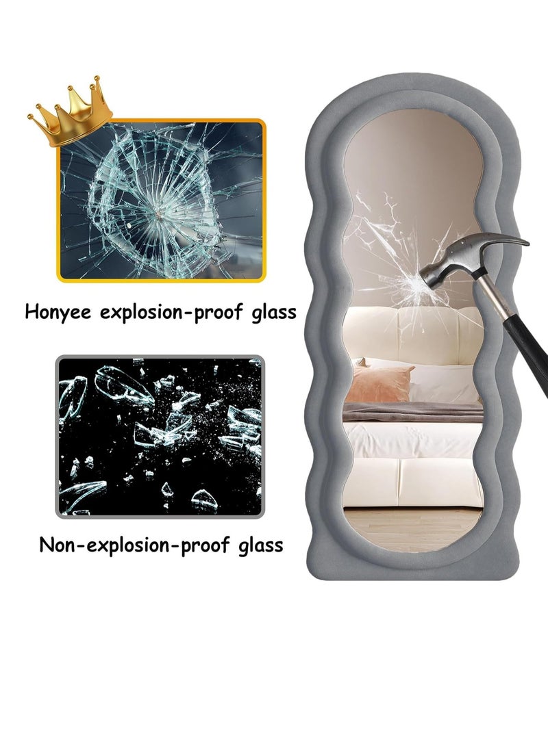 Full-Length Floor Mirror with Stand, Wall-Mounted Standing Mirror, Irregular Wavy Design, Flannel-Wrapped Wooden Frame, 160x60cm, HD Image, Firm Bottom with Non-Slip Base, Stylish and Durable Full Body Mirror for Bedroom, Living Room, Hallway, Dressing Room, Contemporary Floor Mirror, Modern Home Decor (Grey)