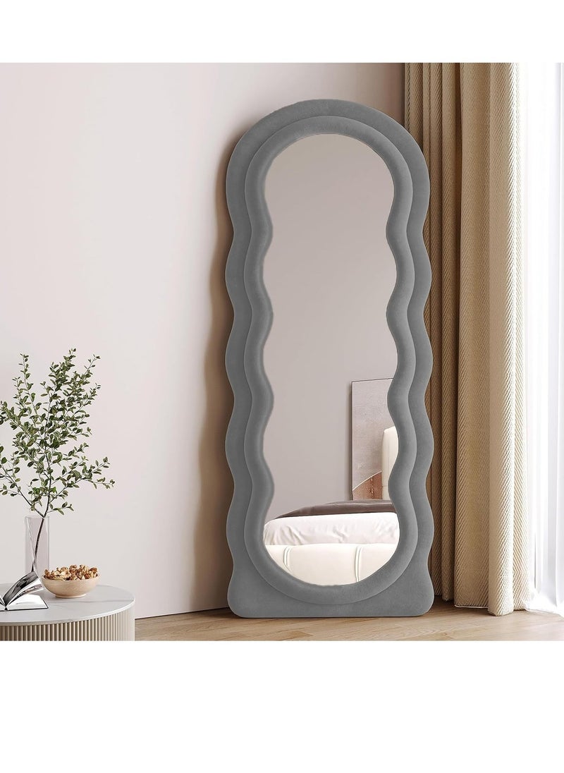 Full-Length Floor Mirror with Stand, Wall-Mounted Standing Mirror, Irregular Wavy Design, Flannel-Wrapped Wooden Frame, 160x60cm, HD Image, Firm Bottom with Non-Slip Base, Stylish and Durable Full Body Mirror for Bedroom, Living Room, Hallway, Dressing Room, Contemporary Floor Mirror, Modern Home Decor (Grey)