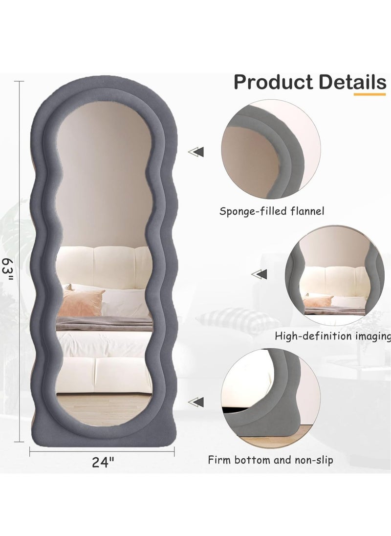 Full-Length Floor Mirror with Stand, Wall-Mounted Standing Mirror, Irregular Wavy Design, Flannel-Wrapped Wooden Frame, 160x60cm, HD Image, Firm Bottom with Non-Slip Base, Stylish and Durable Full Body Mirror for Bedroom, Living Room, Hallway, Dressing Room, Contemporary Floor Mirror, Modern Home Decor (Grey)