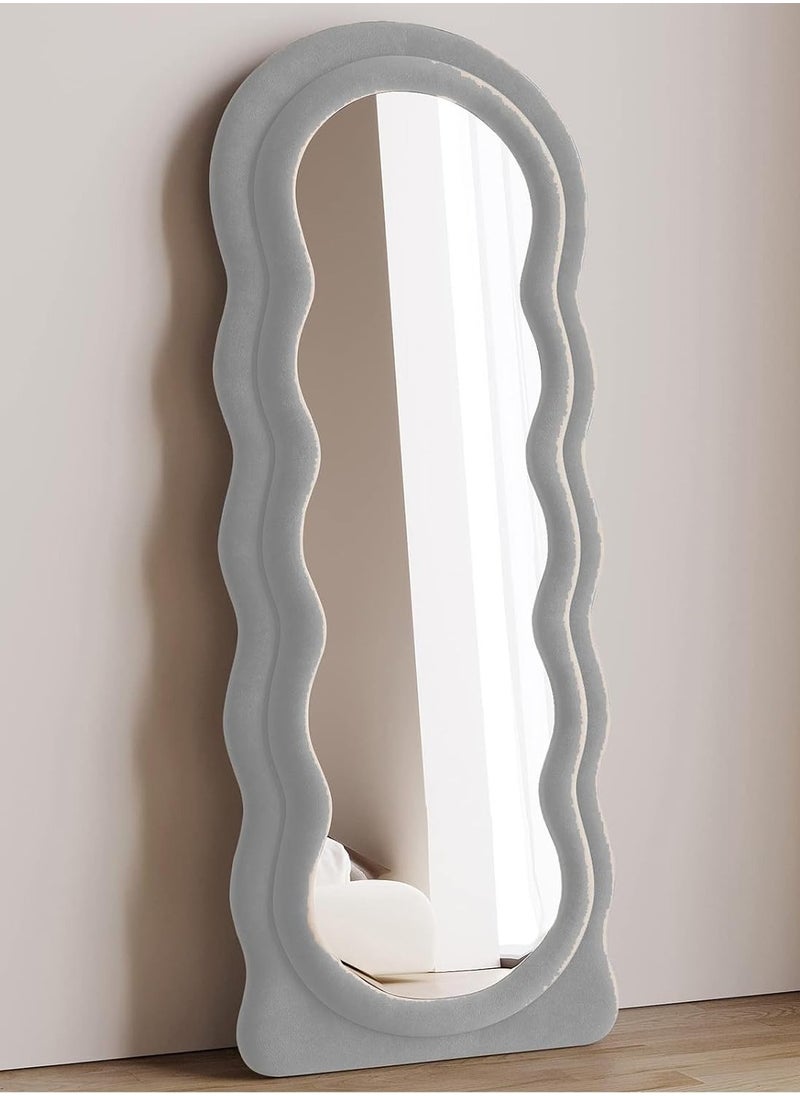 Full-Length Floor Mirror with Stand, Wall-Mounted Standing Mirror, Irregular Wavy Design, Flannel-Wrapped Wooden Frame, 160x60cm, HD Image, Firm Bottom with Non-Slip Base, Stylish and Durable Full Body Mirror for Bedroom, Living Room, Hallway, Dressing Room, Contemporary Floor Mirror, Modern Home Decor (Grey)