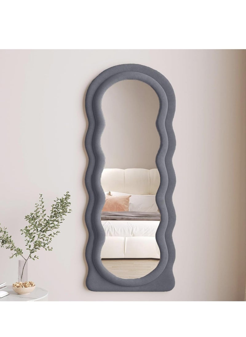 Full-Length Floor Mirror with Stand, Wall-Mounted Standing Mirror, Irregular Wavy Design, Flannel-Wrapped Wooden Frame, 160x60cm, HD Image, Firm Bottom with Non-Slip Base, Stylish and Durable Full Body Mirror for Bedroom, Living Room, Hallway, Dressing Room, Contemporary Floor Mirror, Modern Home Decor (Grey)