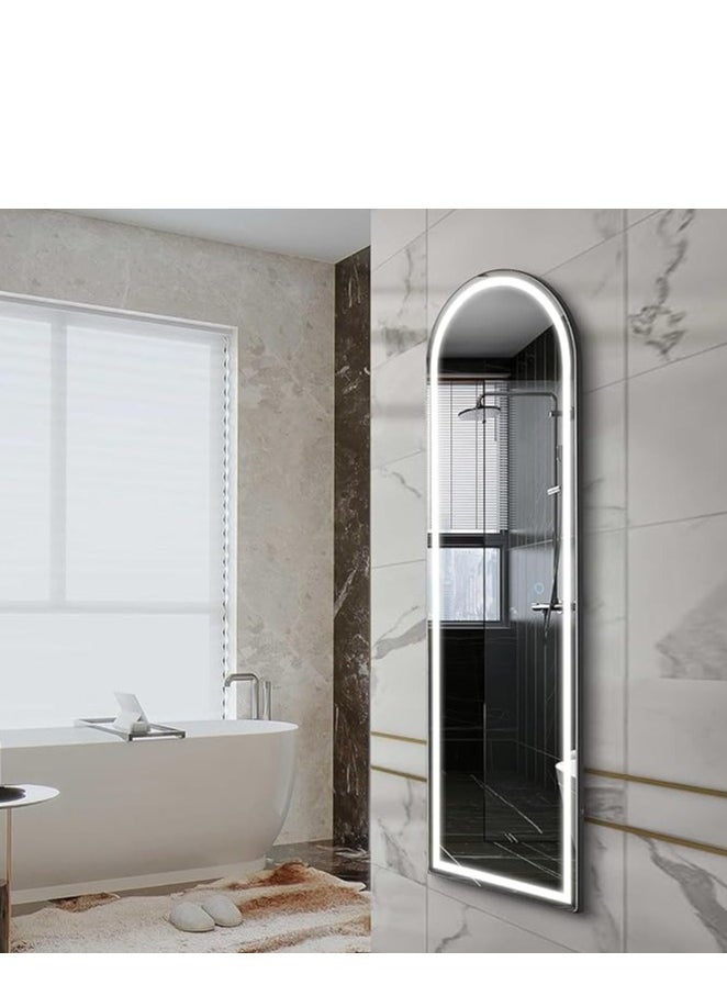 Arched Full Length Mirror, 160x70cm, with 3-Color LED Light and Touch Button for Adjustable Brightness and Color, Durable Alloy Frame, Leaning, Wall-Mounting, and Standing Options. Modern Arched Design, Stylish Illuminated Full Body Mirror, LED Vanity Mirror for Bedroom, Living Room, Hallway, and Dressing Room (black)