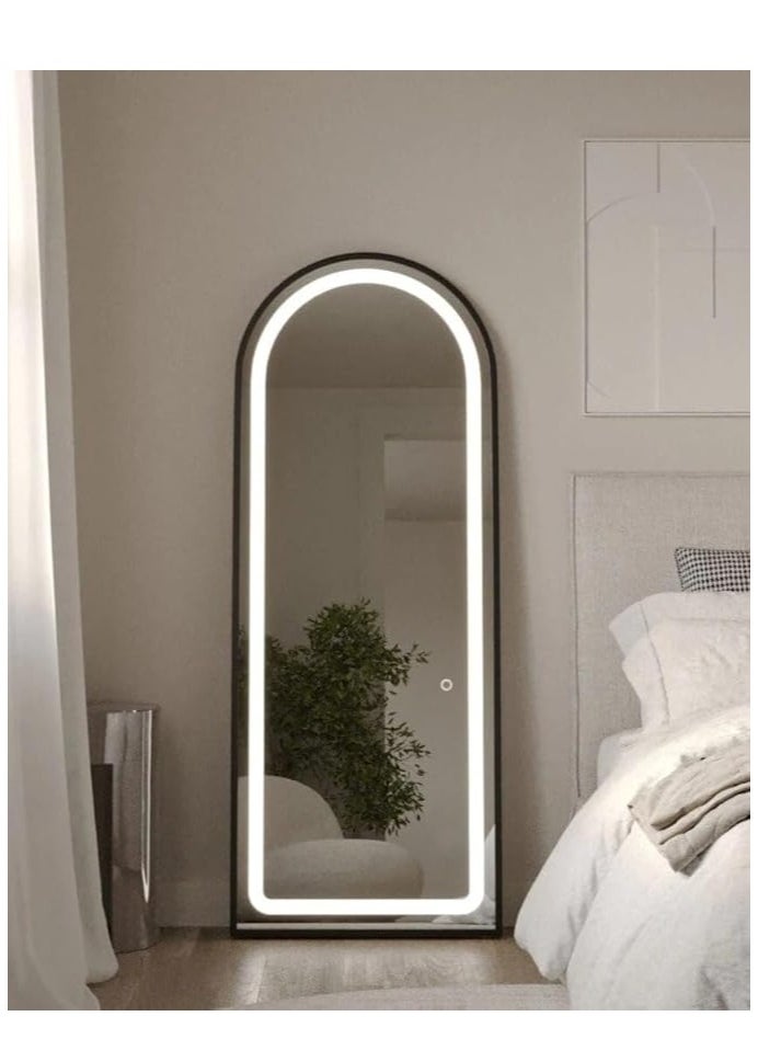 Arched Full Length Mirror, 160x70cm, with 3-Color LED Light and Touch Button for Adjustable Brightness and Color, Durable Alloy Frame, Leaning, Wall-Mounting, and Standing Options. Modern Arched Design, Stylish Illuminated Full Body Mirror, LED Vanity Mirror for Bedroom, Living Room, Hallway, and Dressing Room (black)