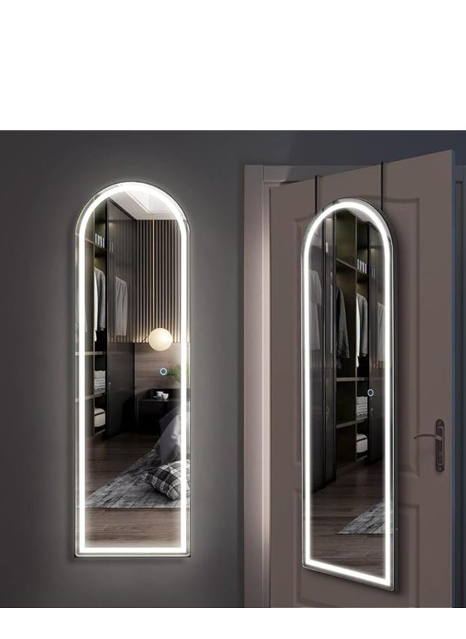 Arched Full Length Mirror, 160x70cm, with 3-Color LED Light and Touch Button for Adjustable Brightness and Color, Durable Alloy Frame, Leaning, Wall-Mounting, and Standing Options. Modern Arched Design, Stylish Illuminated Full Body Mirror, LED Vanity Mirror for Bedroom, Living Room, Hallway, and Dressing Room (black)
