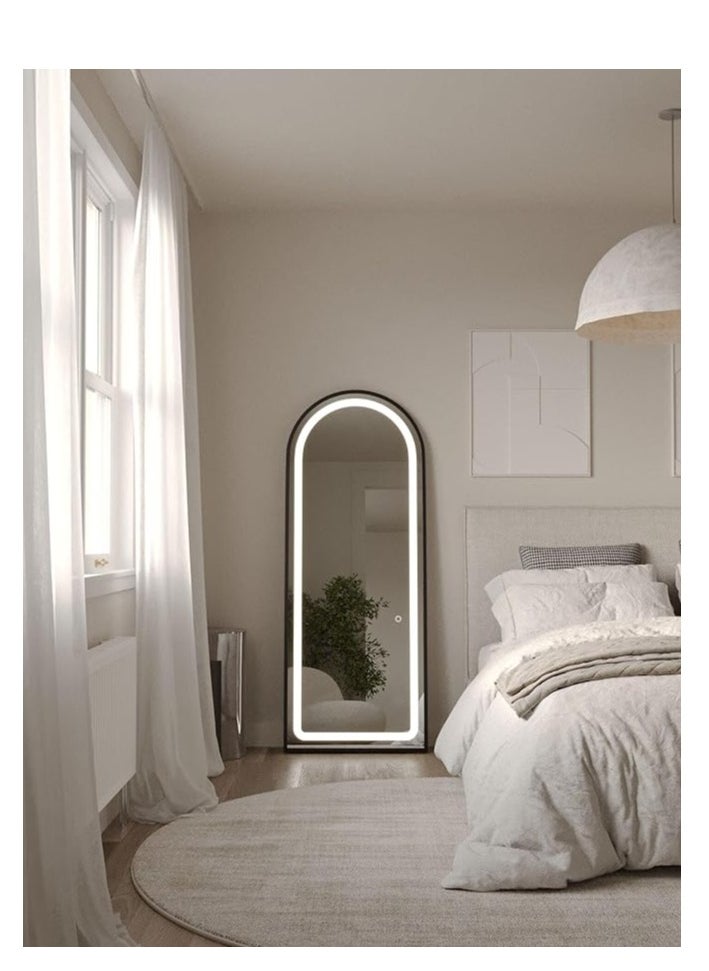 Arched Full Length Mirror, 160x70cm, with 3-Color LED Light and Touch Button for Adjustable Brightness and Color, Durable Alloy Frame, Leaning, Wall-Mounting, and Standing Options. Modern Arched Design, Stylish Illuminated Full Body Mirror, LED Vanity Mirror for Bedroom, Living Room, Hallway, and Dressing Room (black)