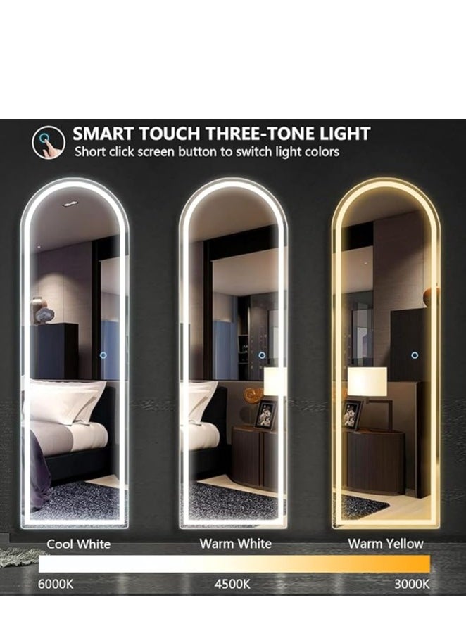 Arched Full Length Mirror, 160x70cm, with 3-Color LED Light and Touch Button for Adjustable Brightness and Color, Durable Alloy Frame, Leaning, Wall-Mounting, and Standing Options. Modern Arched Design, Stylish Illuminated Full Body Mirror, LED Vanity Mirror for Bedroom, Living Room, Hallway, and Dressing Room (black)