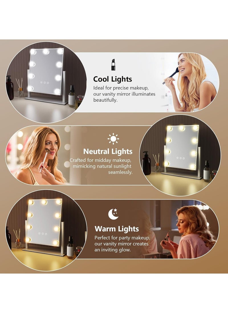 LED Makeup Mirror with 9 Bulbs – 3-Color Dimmable Touch-Control Vanity Mirror, Adjustable Lighting for Desk or Bedroom, Ideal for Makeup, Grooming, Skincare Routine, Beauty, and Personal Care
