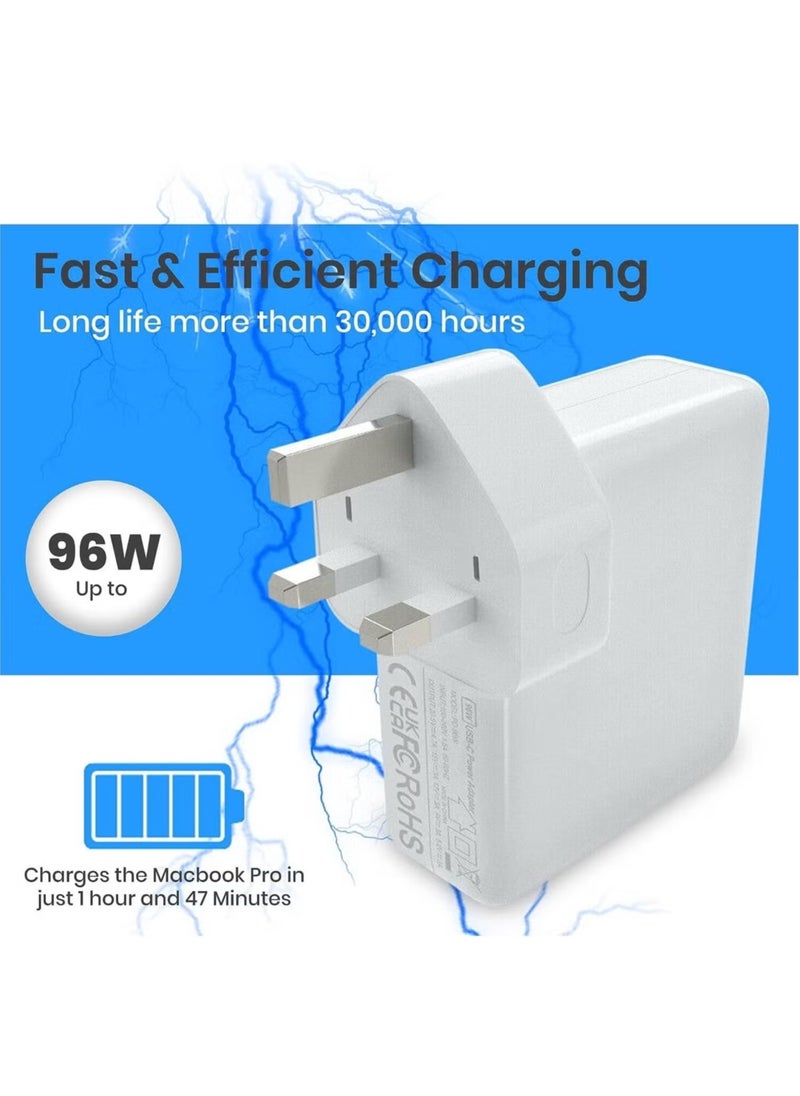 96W Type C MacBook Pro-Air Fast Replacement Charger – Power Adapter for 13, 14, 15, 16 Inch 2016-2020 Models, Tablets & Smartphones, Thunderbolt Charger with USB C Cable, Compatible with iPhone 15