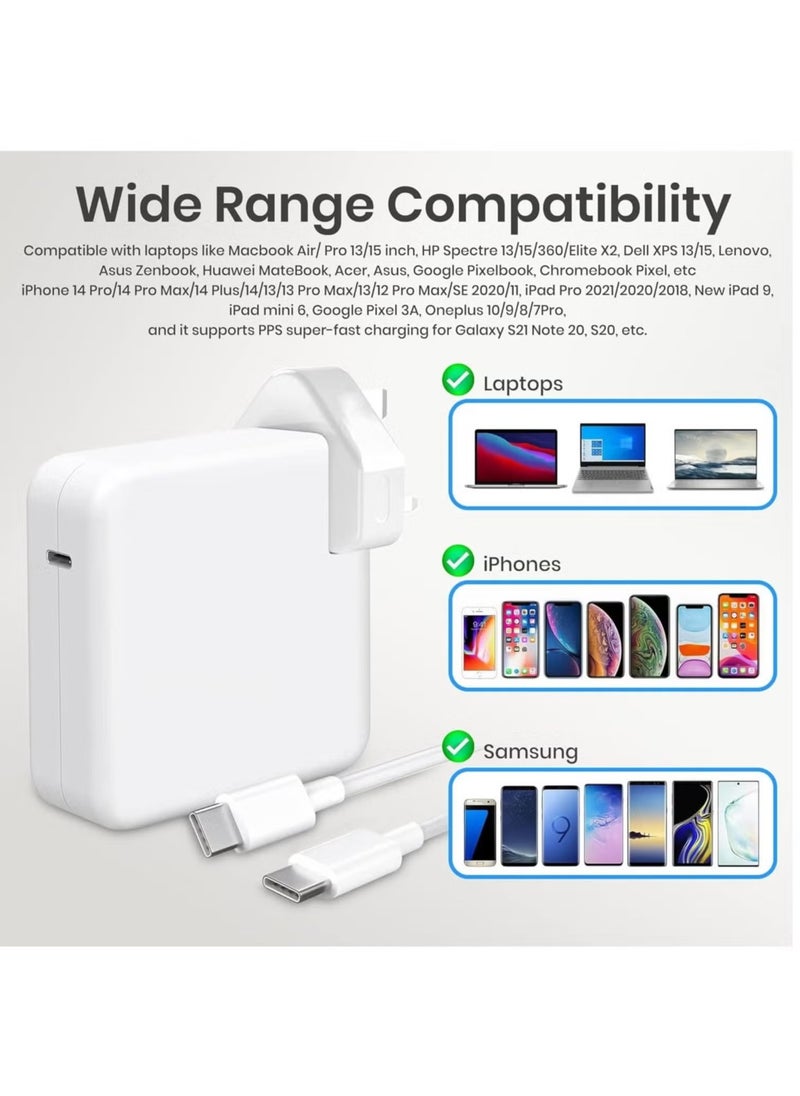 96W Type C MacBook Pro-Air Fast Replacement Charger – Power Adapter for 13, 14, 15, 16 Inch 2016-2020 Models, Tablets & Smartphones, Thunderbolt Charger with USB C Cable, Compatible with iPhone 15