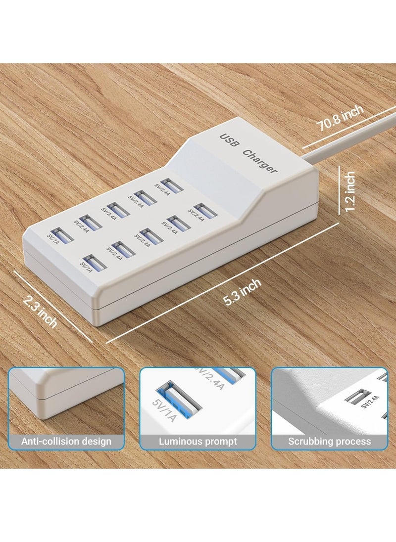 USB Charging Station - 10 Ports USB Charger Dock with 70.8 Inch Extension Cord, Multi-Device Charging for Phones, Cameras, Bluetooth Headsets (2PC) – High-Speed Charging Hub for Home & Office