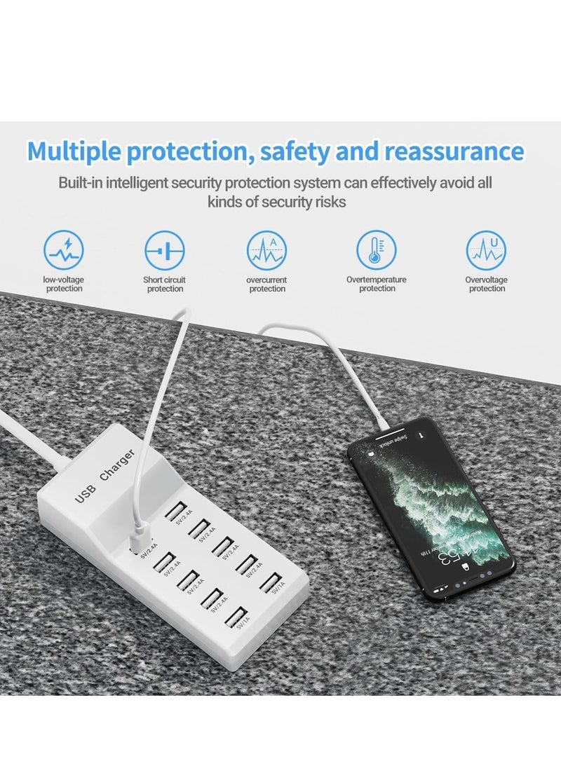 USB Charging Station - 10 Ports USB Charger Dock with 70.8 Inch Extension Cord, Multi-Device Charging for Phones, Cameras, Bluetooth Headsets (2PC) – High-Speed Charging Hub for Home & Office
