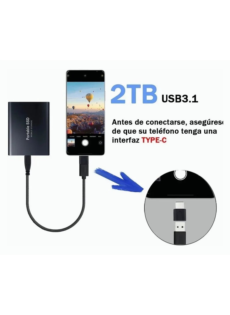 2TB Portable External Hard Drive, Mini SSD Hard Drives,Solid State External Drives,Computer Backup Drive,USB 3.1 to Type-C Support Data Storage Transfer for Windows XP PC Laptop and Mac(Black)