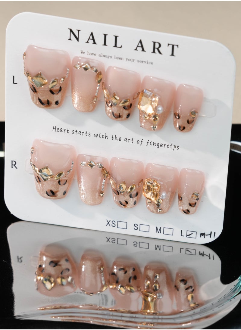 Luxurious Leopard Glitter Press-On Nails – Nude and Gold with Rhinestone Accents
