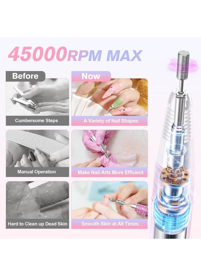 Portable Nail Drill Professional, 45000Rpm Rechargeable Nail Drill Electric File Machine For Acrylic Gel Polish Remover, Cordless Nail Kit For Manicure Pedicure With 11 Bits For Salon Home