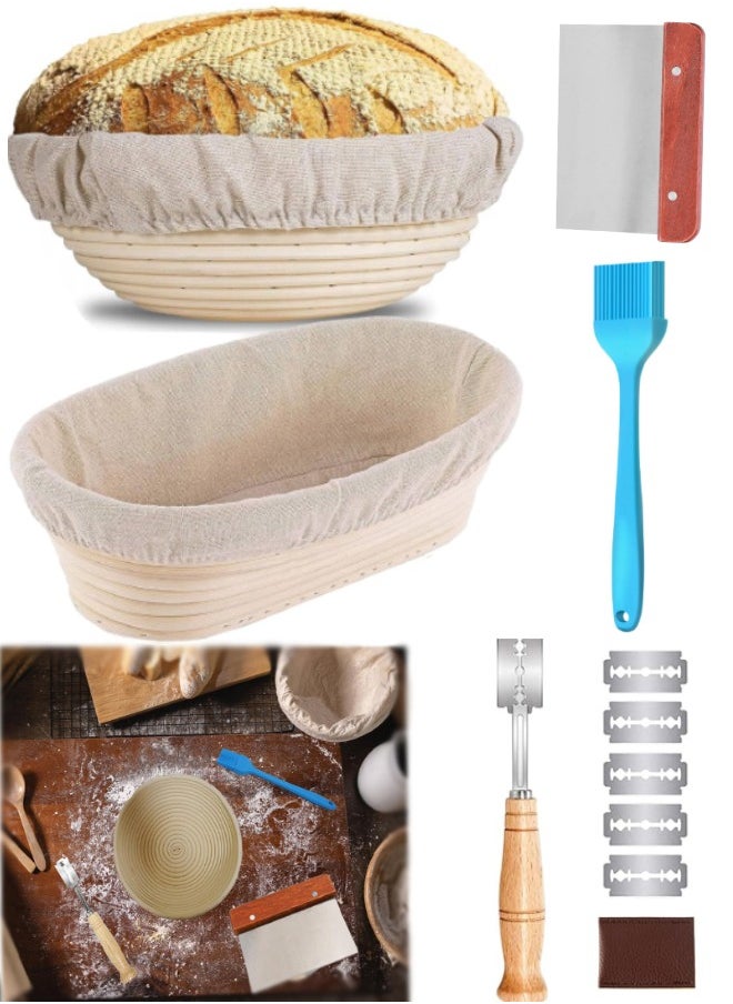 Bread Banneton Proofing Basket, 9 Inch Round & 10 Inch Oval Cane Natural Rattan Proofing Baskets with Bread Lame + Dough Scraper Linen Liner Basting Brush for Professional and Home Bakers