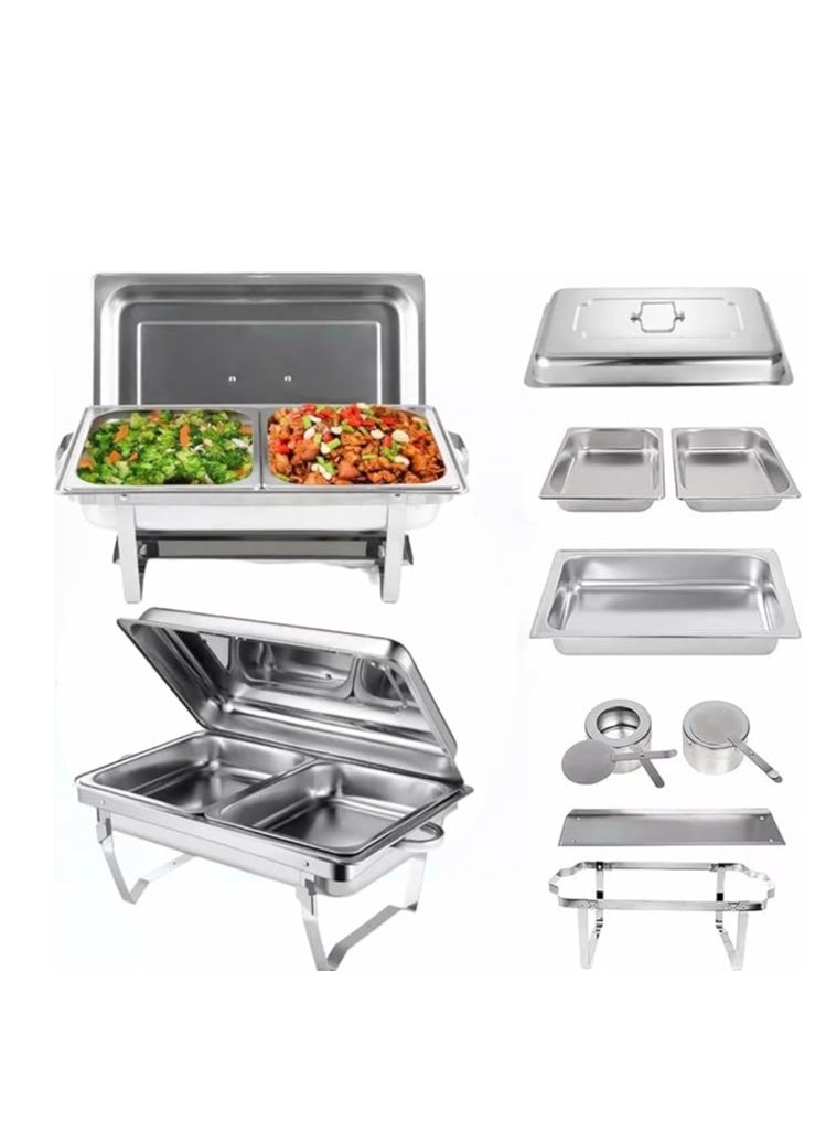 Double Compartment Stainless Steel Hot Pot with Fuel Rack Foldable Frame Buffet Server and Warmer Catering Food Warming Tray with Cover Suitable for Party Wedding Banquet and Event