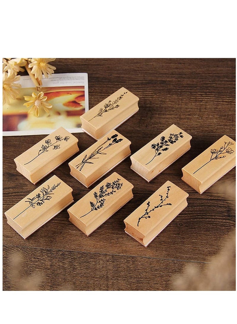 8 Pieces Wood Mounted Rubber Stamps, Plant Flower Vintage Lotus Series Decorative Wood Rubber Seal Stamp for DIY Craft, Letters Diary and Craft Scrapbooking, Gift Wrapping and Cards