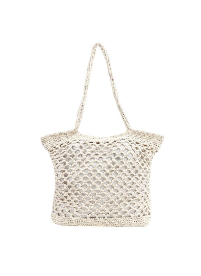 Women Solid Color Hand-Woven Crochet Handbag Top-Handle Bag Summer Beach Tote Hobo Bag Purse White