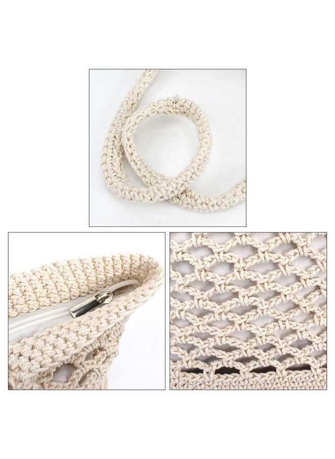 Women Solid Color Hand-Woven Crochet Handbag Top-Handle Bag Summer Beach Tote Hobo Bag Purse White