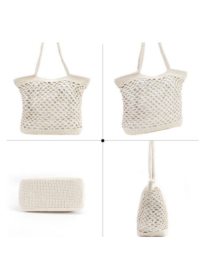 Women Solid Color Hand-Woven Crochet Handbag Top-Handle Bag Summer Beach Tote Hobo Bag Purse White