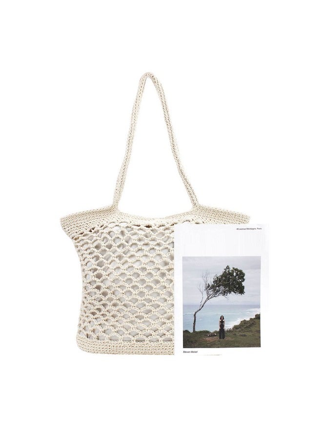 Women Solid Color Hand-Woven Crochet Handbag Top-Handle Bag Summer Beach Tote Hobo Bag Purse White