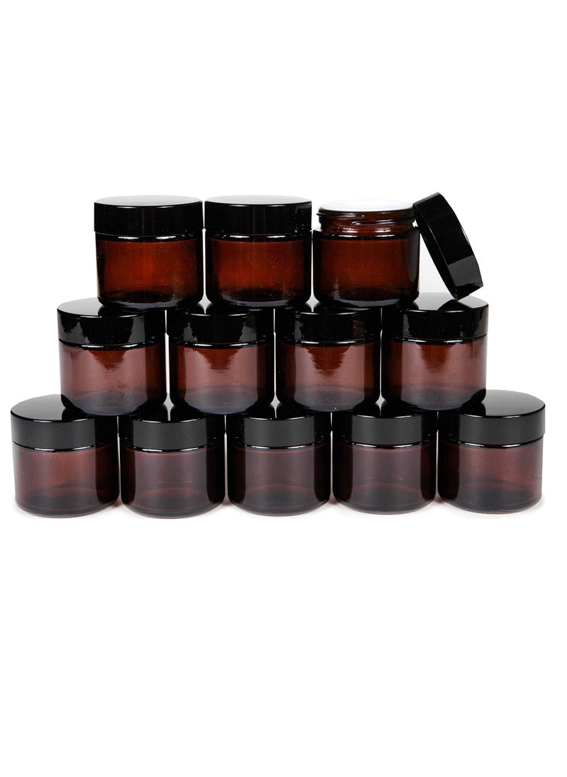 Vivaplex, 12, Amber, 2 oz, Round Glass Jars, with Inner Liners and black Lids