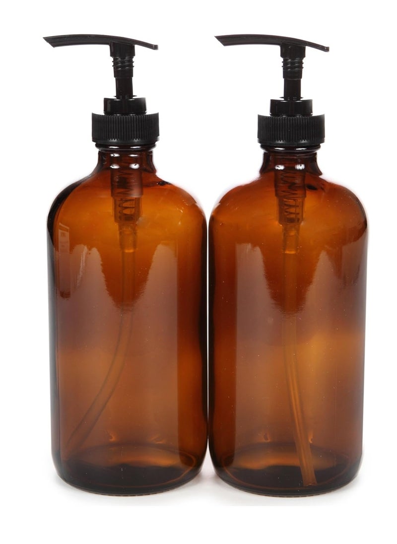 Vivaplex, 2, Large, 16 oz, Empty, Amber Glass Bottles with Black Lotion Pumps