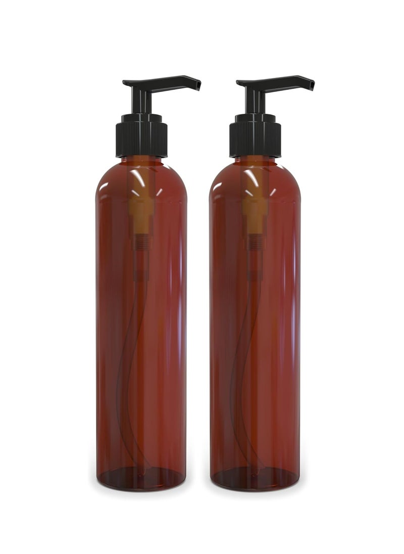 BRIGHTFROM Lotion Pump Bottles, Empty 8 OZ, BPA-Free Refillable Plastic Containers, Amber with Black Dispenser for - Soap, Shampoo, Lotions, Liquid Body Soap, Creams and Massage Oil (2 Pack)