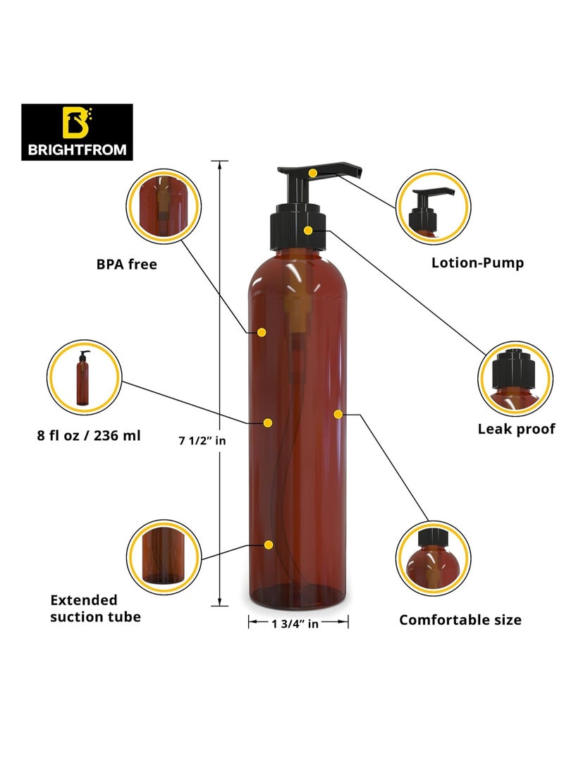 BRIGHTFROM Lotion Pump Bottles, Empty 8 OZ, BPA-Free Refillable Plastic Containers, Amber with Black Dispenser for - Soap, Shampoo, Lotions, Liquid Body Soap, Creams and Massage Oil (2 Pack)