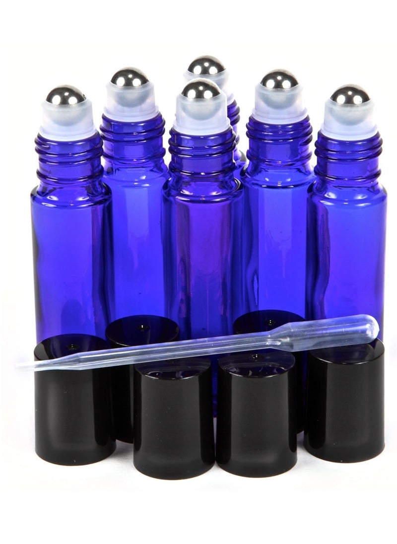 Vivaplex, 6, Cobalt Blue, 10 ml Glass Roll-on Bottles with Stainless Steel Roller Balls - .5 ml Dropper Included